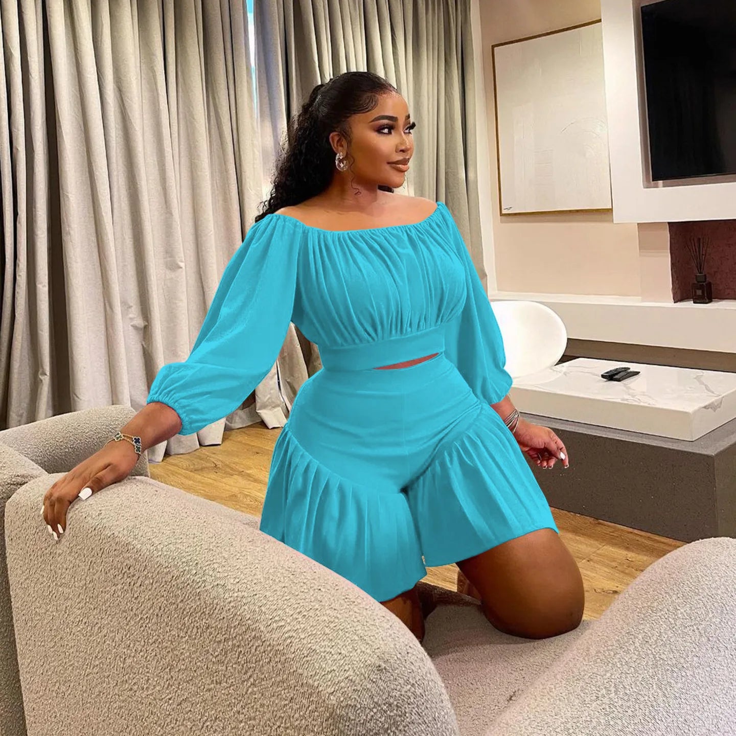 CM.YAYA Plus Size Women's Set Long Sleeve Slash Neck T-Shirt and Shorts 2025 Summer Ruched Two 2 Piece Set Outfits Tracksuit