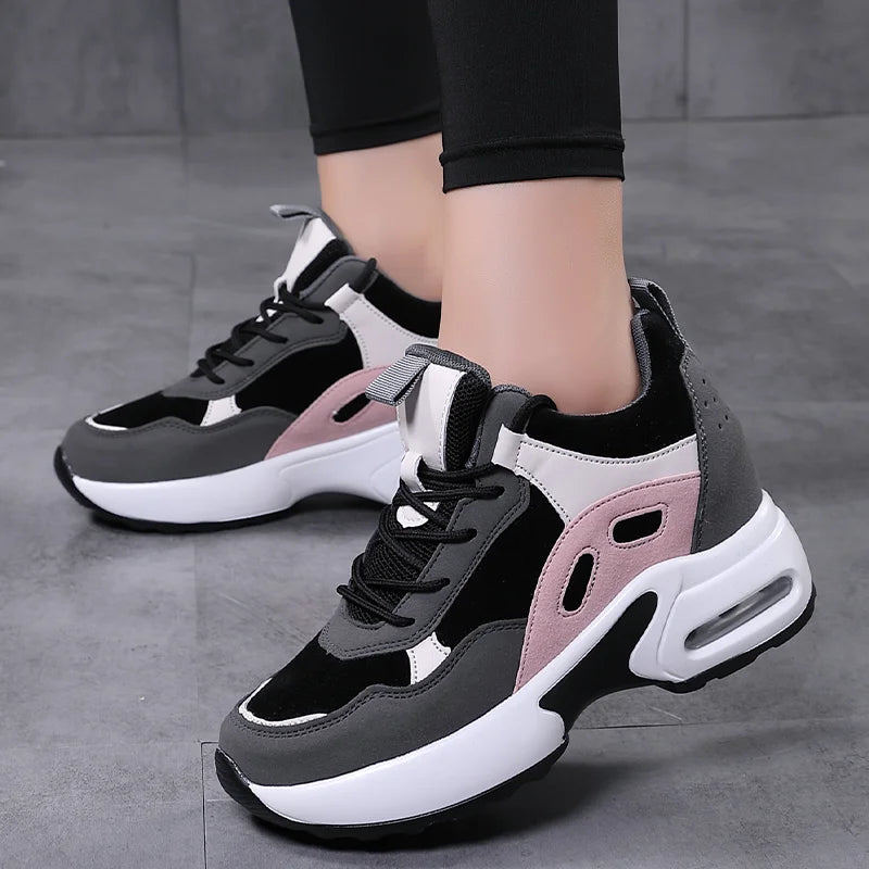 Women Air Cushion Sneakers Mix Color Height Increase Elevator Shoes Outdoor Wedge Platform High Heels Lace-up Walking Shoes