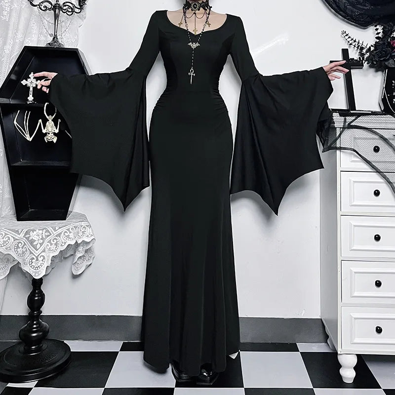 Y2K Goth Floral Lace Mesh Flared Sleeve Bodycon Party Dresses Sexy Vintage Elegant Black Velvet V-Neck Long Dress Partywear