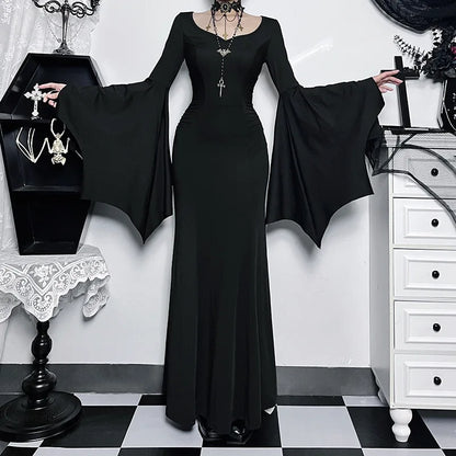 Y2K Goth Floral Lace Mesh Flared Sleeve Bodycon Party Dresses Sexy Vintage Elegant Black Velvet V-Neck Long Dress Partywear