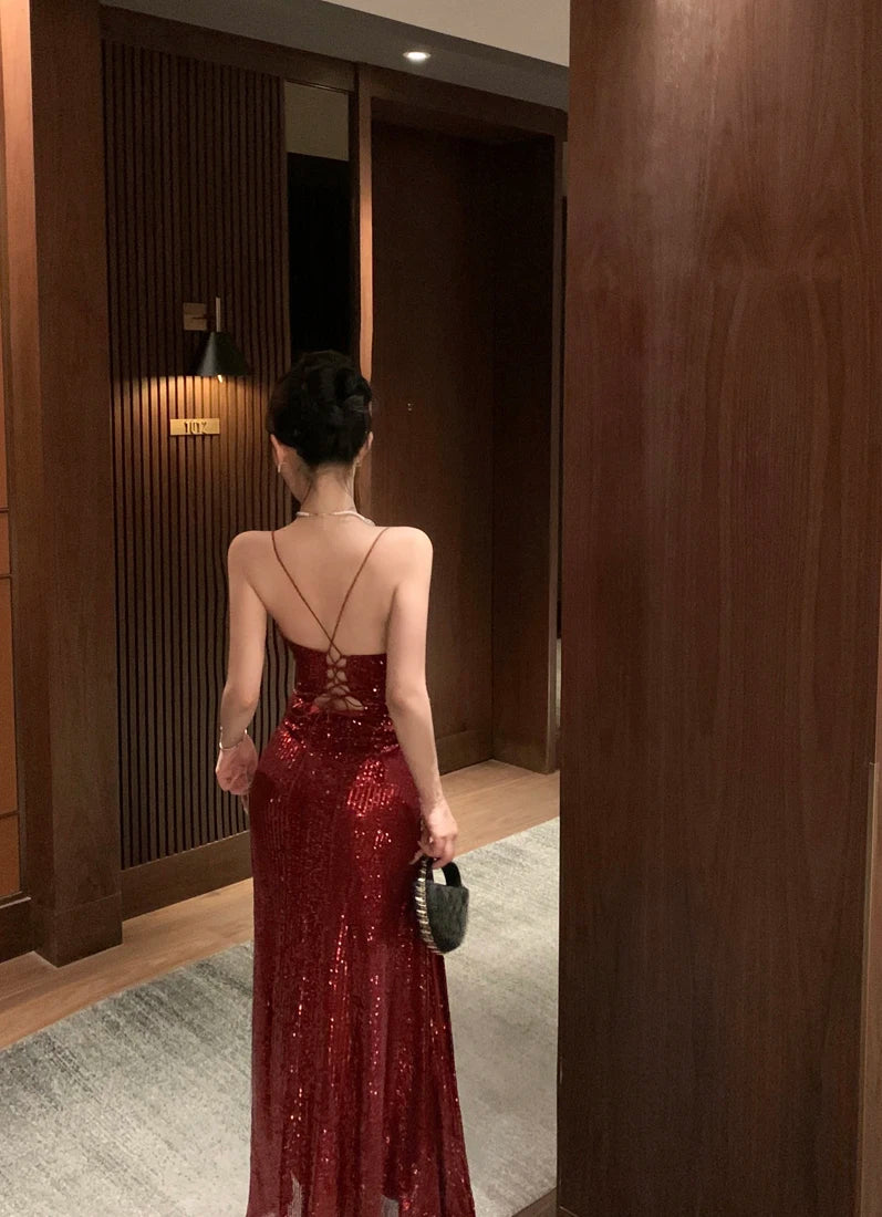 Sexy Backless Sequined Maxi Dresses for Women V-neck Lace-up High Split Evening Luxury Dress Fashion Birthday Party Prom Robe