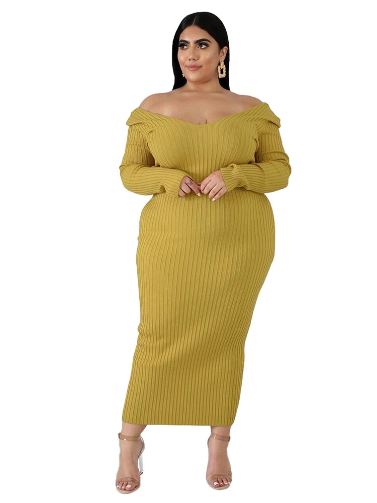 Ladies Knitted Sweater Dress Midi Dress Long Sleeves Chic and Elegant Plus Size Dresses for Women 4xl 5xl