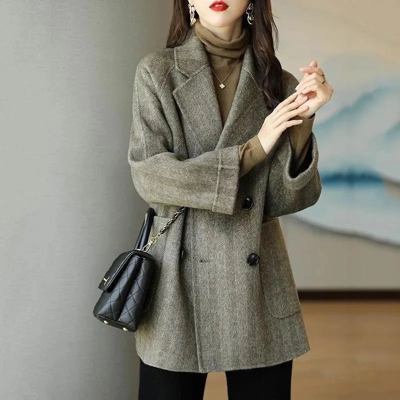 Basics Solid Pockets Coats Women Korean Style Basics Solid Turn-Down Collar Coat Casual Comfortable Loose Wool Autumn Winter