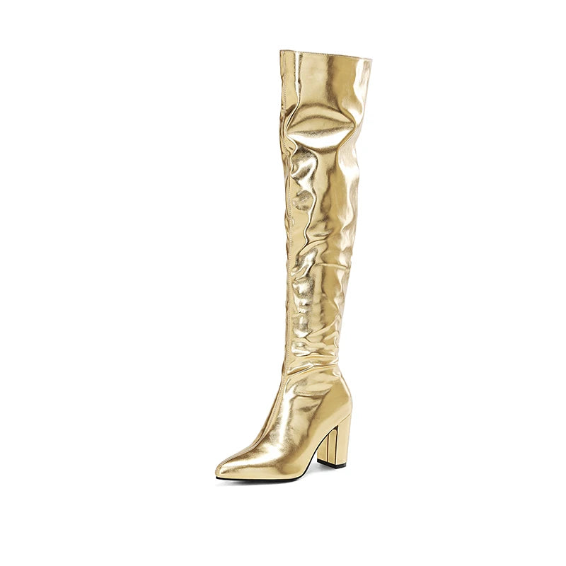 Winter Plus Size 40-45 Sexy Thigh High Boots Long Over Knee Gold Silver Block High Heel Boot Womens Shoes Pointed Toe Botas 2023