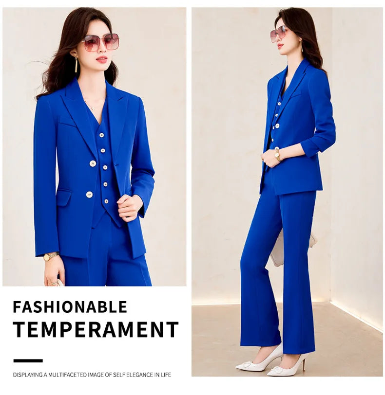 Temperament Women's Office Suit Jacket Pants Vest 3 Piece Blue Notch Lapel Jacket Autumn Women's Pants Sets ropa de mujer