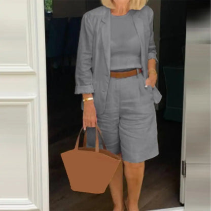 Cotton Linen Temperament Blazer Shorts Women's Blazer Suit 2 Piece Set Elastic Waist Thin Female Blazer Shorts Summer Outfit