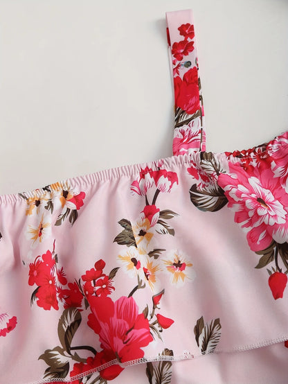 New spring and summer women's fashion from Europe and America: floral print off-shoulder ruffle dress