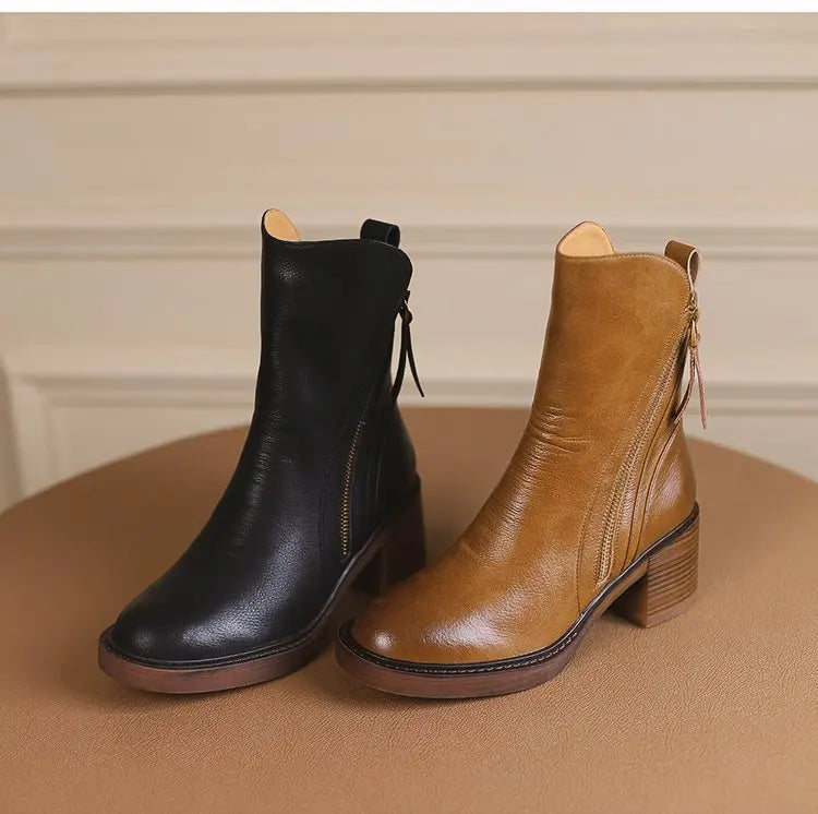 High Heel Ankle Boots for Women Leather Short Boots Round Toe Chunky Heel Boots Side Zipper Ankle Boot Female Platform Heel