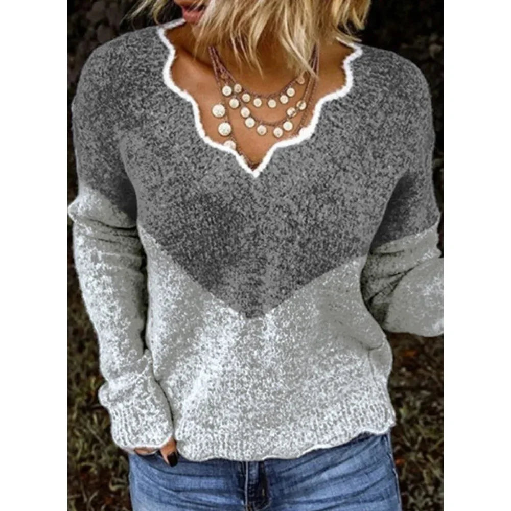 ALLUKASA 2025  Autumn Winter Women's Solid Color Long Sleeved V-neck Knitted Cute Pullover Sweater Loose