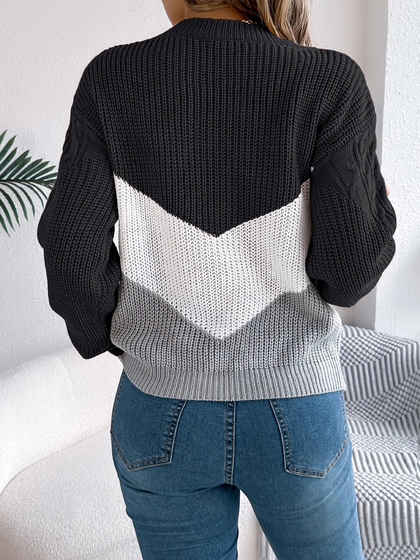 New Autumn Winter Color-blocking Lantern Sleeve Fashion Knitted Pullover Sweater Jersey Invierno Mujer Sweaters Womens Top Femme