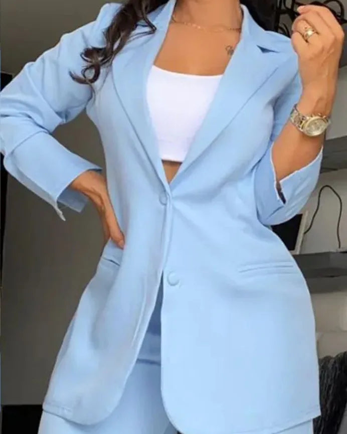 2024 European and American Women's Clothing Temperament Elegant Solid Color Split Sleeve Lapel Suit Pocket Straight Pants Suit