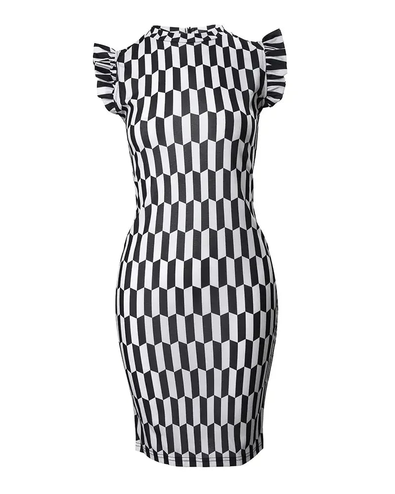 Elegant Women's Dresses Summer Fashion All Over Print Flutter Sleeve Casual O-Neck Skinny Midi Work Pencil Dress