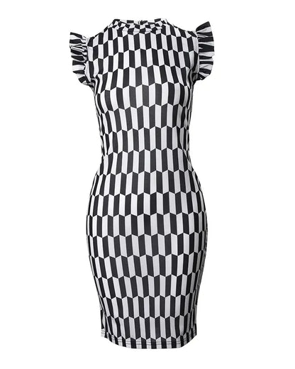 Elegant Women's Dresses Summer Fashion All Over Print Flutter Sleeve Casual O-Neck Skinny Midi Work Pencil Dress