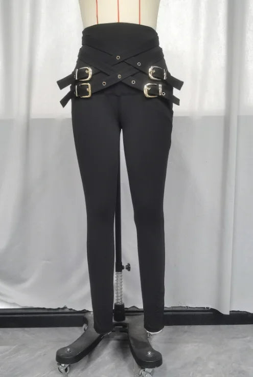 Original Design Style Skinny Long Pants for Women 2024 Casual Simple Criss Cross Buckled Decor High Waist Versatile Pants