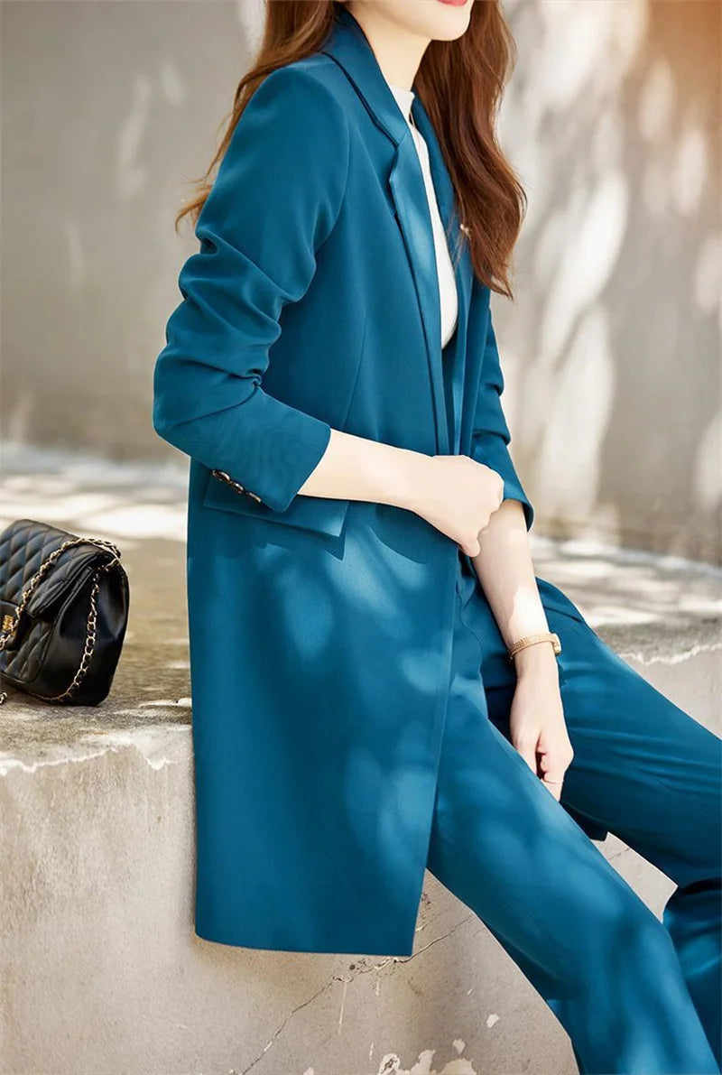 2025 New Blazer Jacket Autumn Winter Casual Long Sleeve Female Suit Coat Mid Long Double Breasted Women Work Wear Jacket