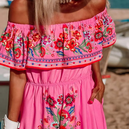 2024 Spring Summer Women's New Sexy One Shoulder Off Shoulder Fashion Red Flower Printed Lace Up Waist Long Swing Dress