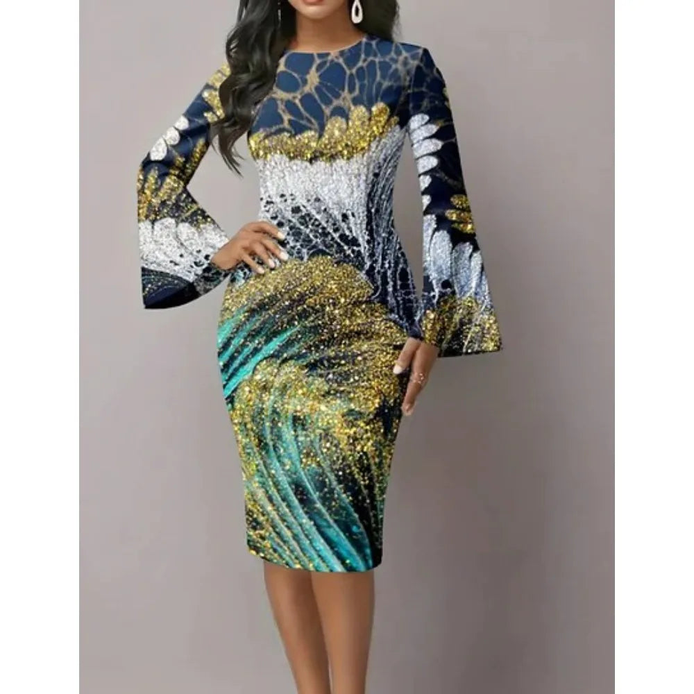Women's Elegant Bodycon Dress with Flared Sleeves Unique Blue & Gold Metallic Swirl Print Boho Chic Midi Dress for Night Out