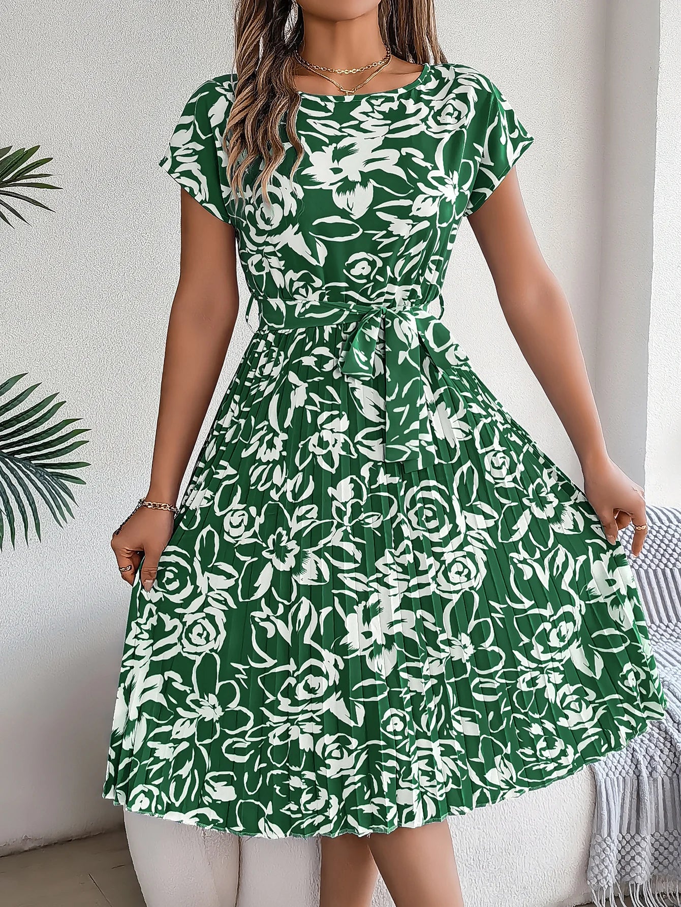 Spring Summer Elegant Flower Print Dress Short Sleeve Folded Dresses for Women Mother's Day