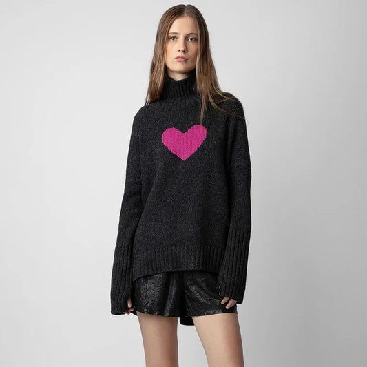 ZV Knitted Sweater Classic High Neck, Short Front, Long Back, Love Heart Sweater, Cashmere Pullovers 2024 Winter France, Niche