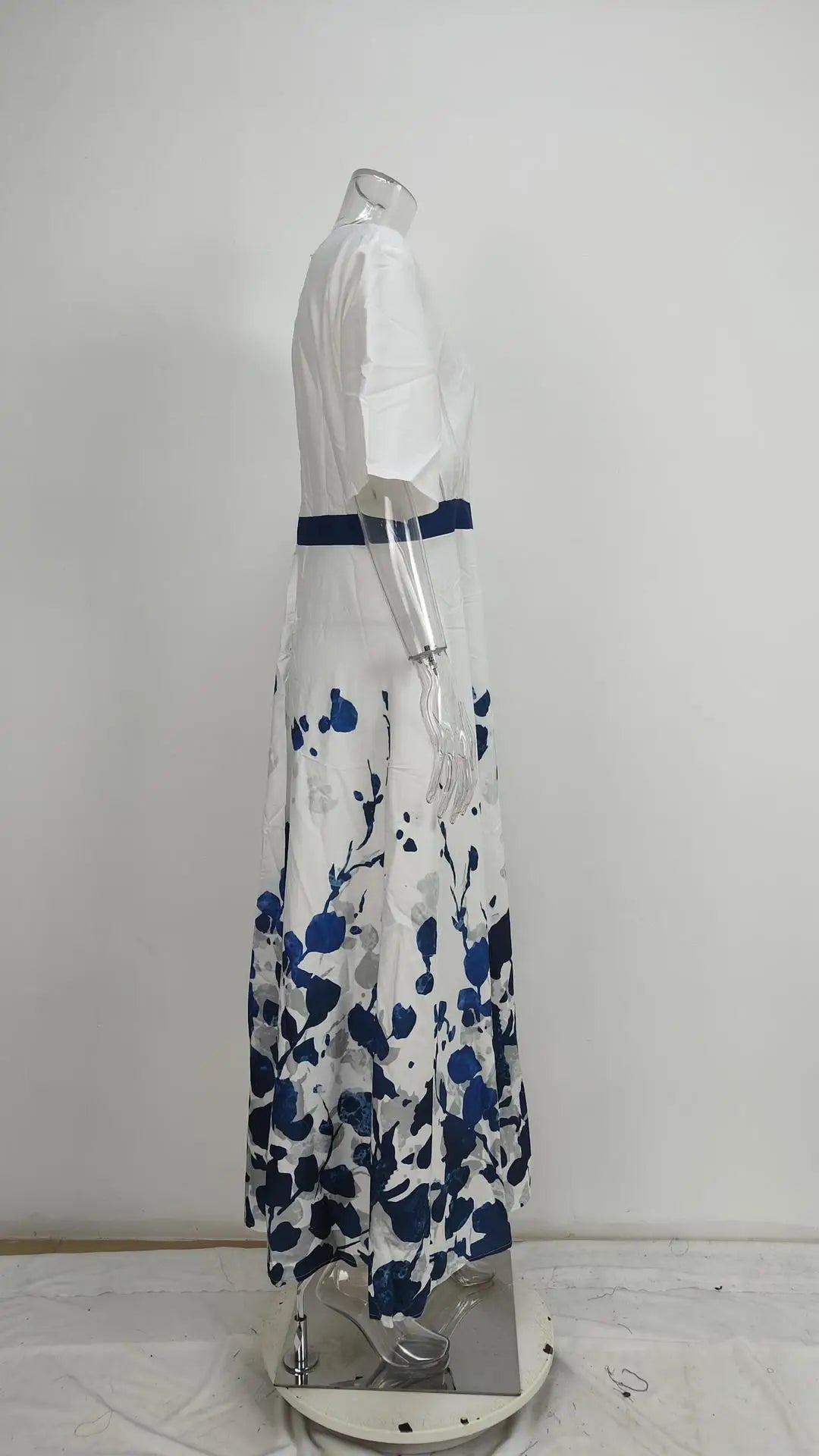Spring Summer Women Fashion V Neck Belted Party Long Dress Sexy Printing  Boho Maxi Dresses Short Sleeve Pocket Femlae Holiday