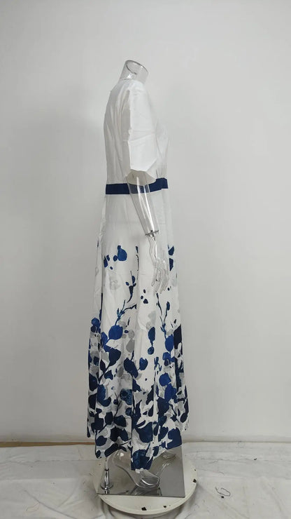 Spring Summer Women Fashion V Neck Belted Party Long Dress Sexy Printing  Boho Maxi Dresses Short Sleeve Pocket Femlae Holiday