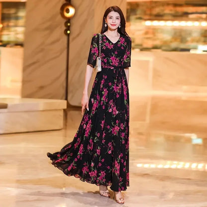 Womens Dresses Fashion Summer Dresses 2024 Summer Senior red Print Dress Long Loose Temperament Waist Loose Big Swing Dress