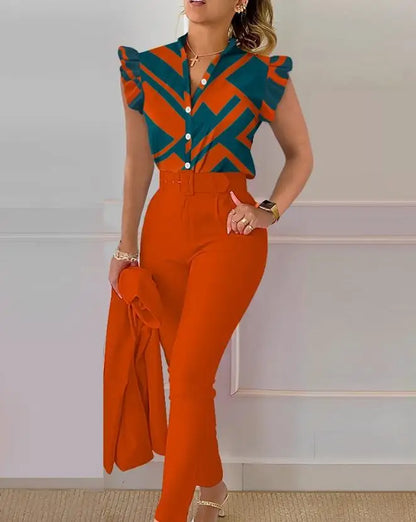 Two Piece Sets Womens Outifits 2023 Summer Fashion Geometric Print Flutter Sleeve Stand Collar Top & Pocket Pants Set with Belt