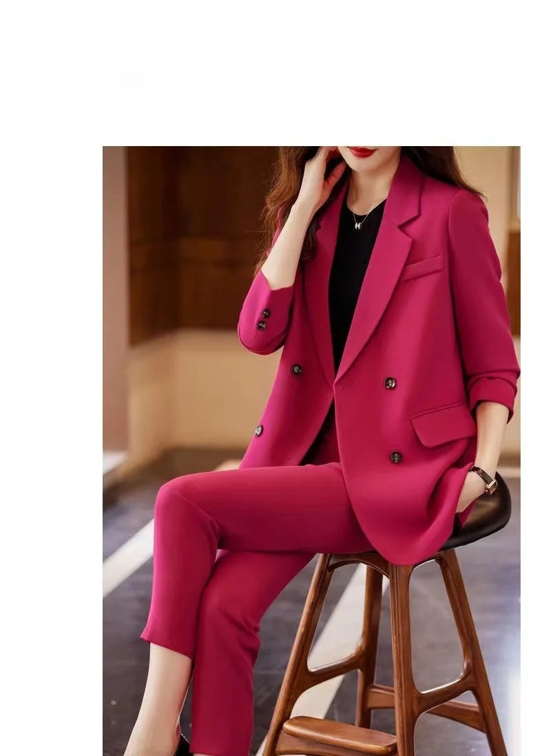 Two-Piece Suit Set in Raspberry Casual Sle for Women Long Sve Profional Pantsuit Polyester Fiber 00%