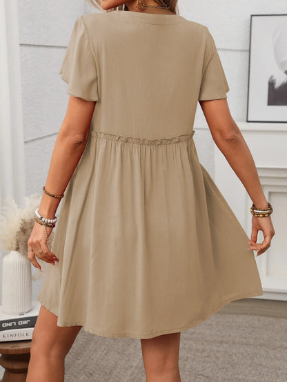 Spring Summer Button Down Dress Flutter Sleeve Cotton Linen A Line Dress With Pockets Beach Summer Knee Length Dresses For Women