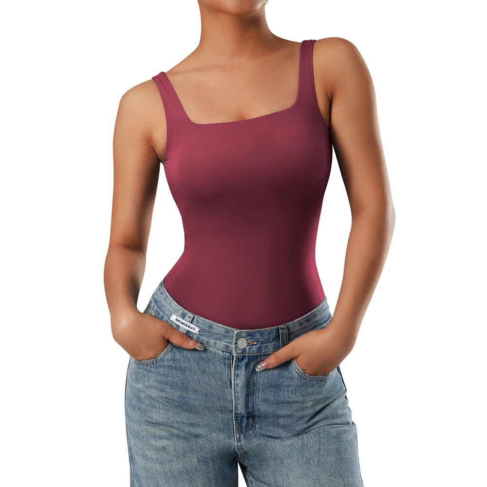 Bodysuits Women Sexy Body Suit One-Piece Romper Solid Sexy Sleeveless Square Neck Padded Tank Tops Jumpsuit Streewear Ladies