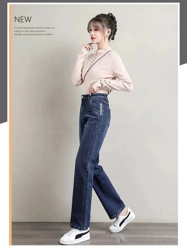 New Winter Thick Warm Fleece Women Straight Jeans Women Classic High Waist Thicken Fashion Warm Denim Pants Retro Cowboy Trouser