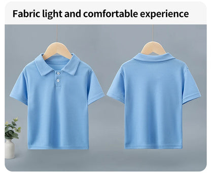 Children's solid color POLO shirt boy handsome fashion sports T-shirt girl lapel casual and comfortable half sleeve.