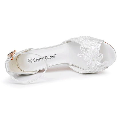 Crystal Queen Bride Sandals Solid Flower Chunky High Heel Ankle Buckle Pumps Elegant White Lace Women Wedding Shoes