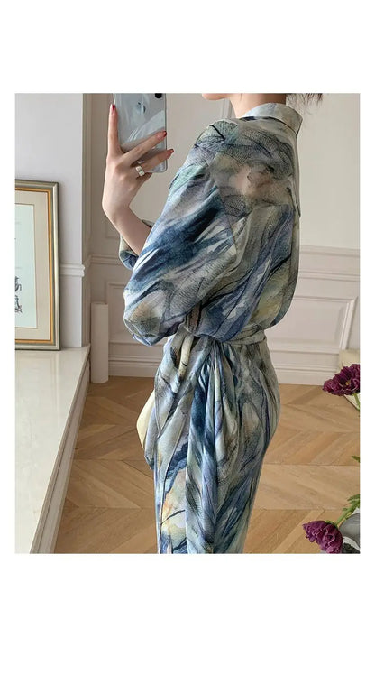 Spring Autumn New Fashion Dress Sets Women Turn-down Collar Long Sleeve Button Printing Shirt Lacing Mid-length A-line Skirt
