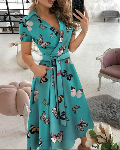 Women's New Short Sleeve Dress Spring Summer Fashion V-neck Printed Bag Hip Dress for Women  Temperament  Personality Wear