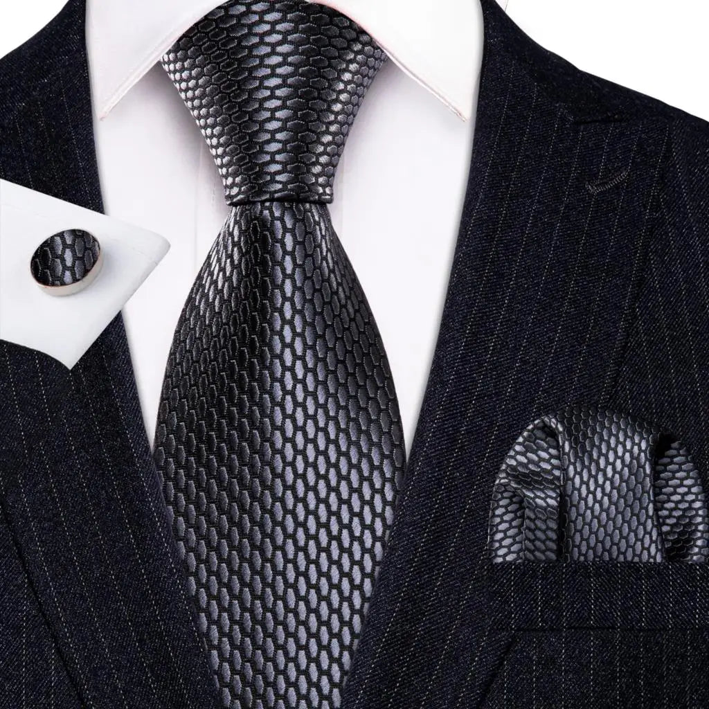 Barry.Wang Black White Gray Silver Silk Men Tie Handkerchief Cufflinks Set Jacquard Necktie for Male Wedding Business Party Gift