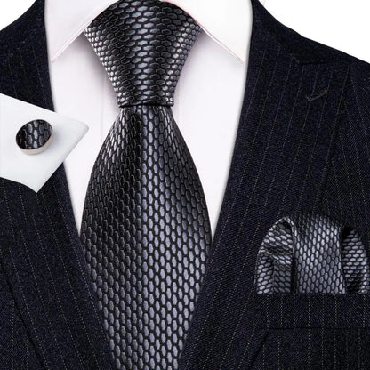 Barry.Wang Black White Gray Silver Silk Men Tie Handkerchief Cufflinks Set Jacquard Necktie for Male Wedding Business Party Gift