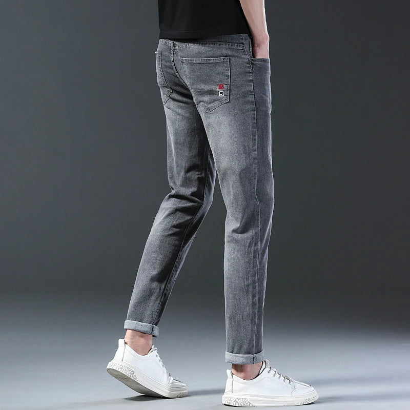 New Arrival Men's Denim Jeans Fashion Straight Slim Elastic Korea Fashion Casual Denim Trousers Male Pants Grey Black Dropship