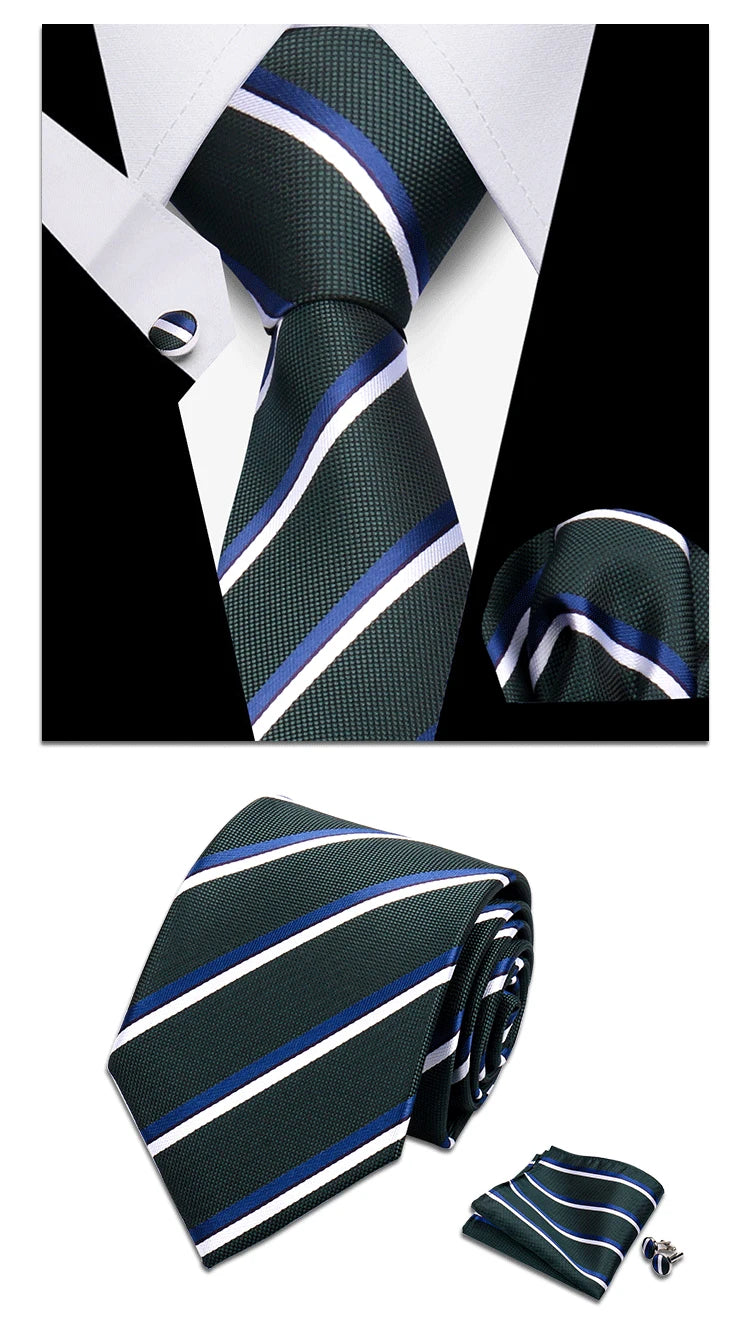 Classic Elegant Ties For Men Fashion Gifts Striped Solid Necktie Handchief Cufflink 3 Pcs Set Wedding Business Suit Accessories
