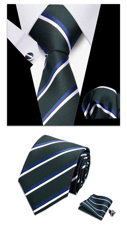 Classic Elegant Ties For Men Fashion Gifts Striped Solid Necktie Handchief Cufflink 3 Pcs Set Wedding Business Suit Accessories