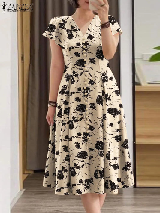 ZANZEA Fashion Floral Print Women Midi Dresses 2024 Summer Ruffle Sleeve V Neck A-line Vestido Casual Cinch Waist Party Sundress