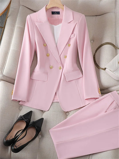 Yitimuceng Elegant Office Ladies Two Piece Sets Womens Outifits 2023 Double Breasted Long Sleeve Blazers Loose Casual Pant Suits