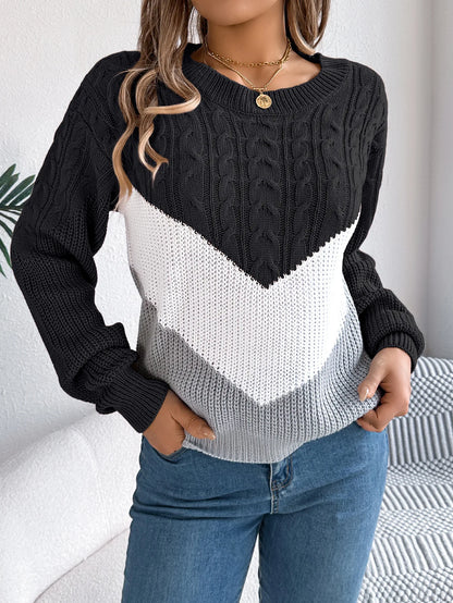 New Autumn Winter Color-blocking Lantern Sleeve Fashion Knitted Pullover Sweater Jersey Invierno Mujer Sweaters Womens Top Femme
