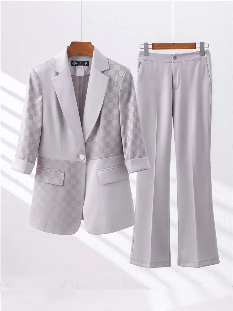 Summer Pants Sets For Women 2 Piece Set Half Sleeve Blazer &Trousers Suit Gray White Hight Quality Chic Elegant Business Outfit