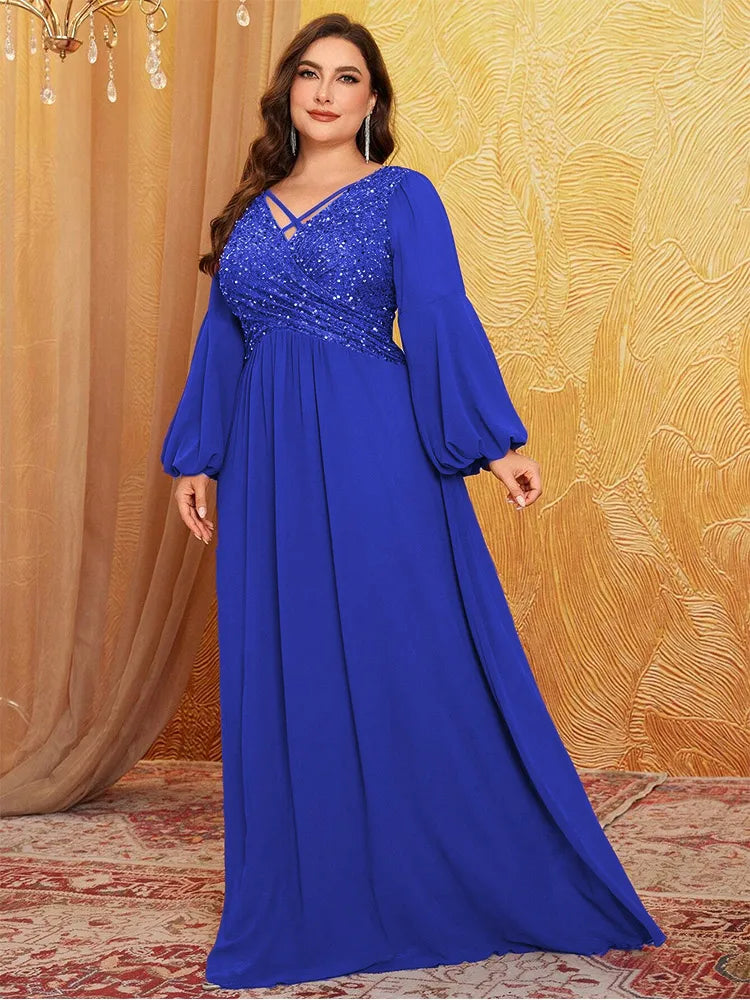 Plus size pink sequined long-sleeved sequined floor-length chiffon evening dress Big Size luxury sparkling banquet Prom Gown