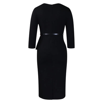 L-3XL Plus Size Elegant Midi Dress 2025 Spring Summer Women Office Lady Dress Casual 3/4 Sleeve Bandage Robe Oversize Dress