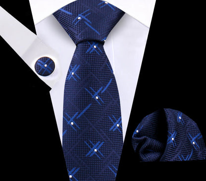 Luxury Plaid Tie For Mens Necktie Handkerchief Pocket Square Cufflinks Set Jacquard Woven Ties Wedding Business Accessories