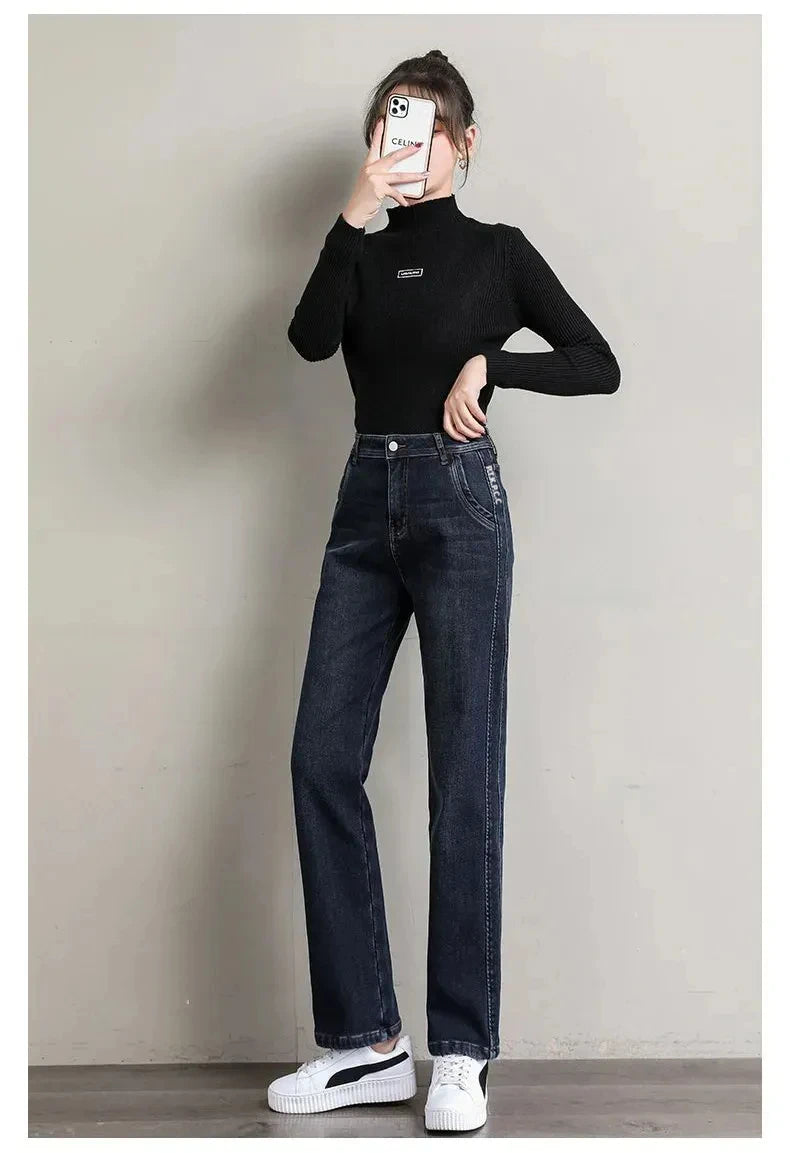 New Winter Thick Warm Fleece Women Straight Jeans Women Classic High Waist Thicken Fashion Warm Denim Pants Retro Cowboy Trouser