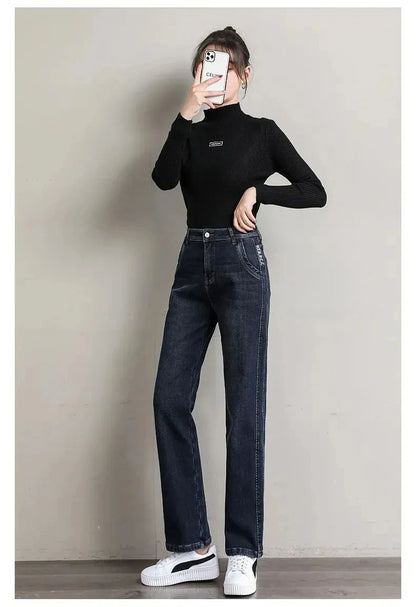 New Winter Thick Warm Fleece Women Straight Jeans Women Classic High Waist Thicken Fashion Warm Denim Pants Retro Cowboy Trouser