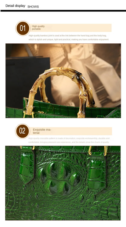 Crocodile Pattern Leather Women's Handbags Bamboo Handle Portable Tote Bag Mom Tide Shoulder Messenger Bags 2025 New Fashion